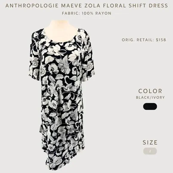 Anthropologie Maeve Zola Floral Shift Dress Black Ivory 2 - Picture 2 of 9